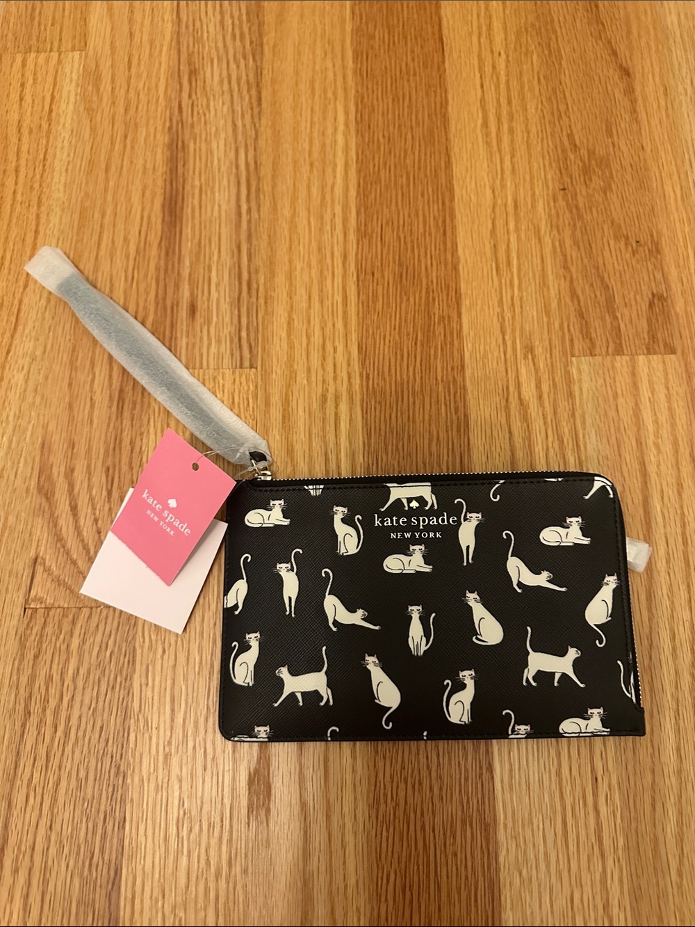 kate spade Black and Cream Cat Print Wristlet